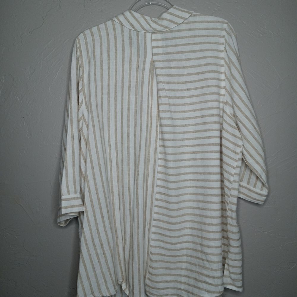 Catherines Linen Cotton Blend Tan & Cream Stripe Button Up Shirt - Picture 4 of 4